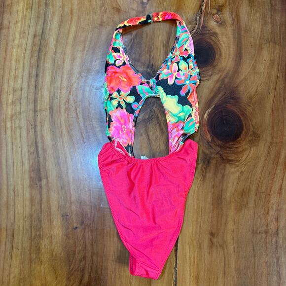 Vintage 80s 90s 1 Piece Swimsuit Floral Beach High rise Halter Tropical Medium - Picture 4 of 5